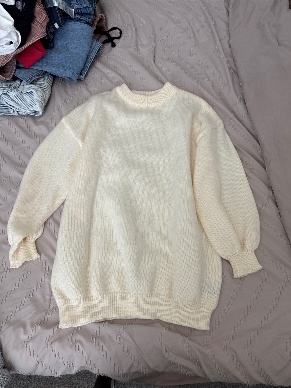 Cream Crewneck Balloon-Sleeve Sweaterdress- Women
